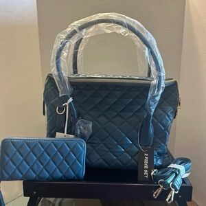 NWT Alyssa Quilted Dusty Blue handbag & Matching Wallet includes Crossbody
